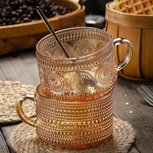 Miniatura 5 de Gezzeny Tazas de café vintage de 14 onzas, juego de 2 tazas de té de vidrio en relieve ámbar para capuchino, café con leche, cereales, yogur