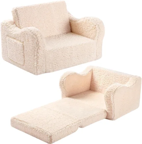 MOMCAYWEX Sofá para niños, sofá de espuma abatible 2 en 1 con funda de sherpa suave, acogedora silla de descanso para juegos, color crema