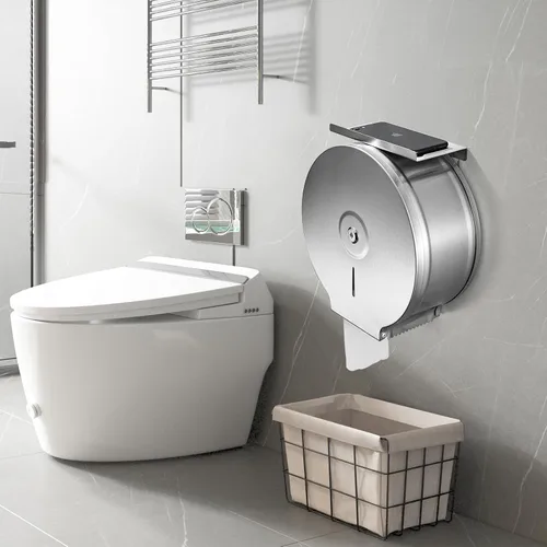 Miniatura 6 de Dispensador de papel higiénico jumbo comercial con estante, soportes para pañuelos, rollo de papel de 9 pulgadas, acero inoxidable con cerradura