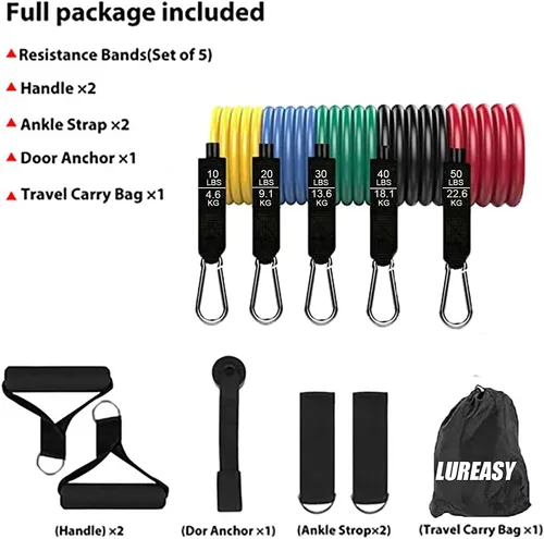 Miniatura 5 de Juego de bandas de resistencia (11 piezas) accesorios portátiles para gimnasio en casa, apilables hasta 150 libras, ejercicio con anclaje de puerta