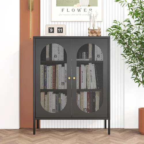 Miniatura 3 de Armario de almacenamiento de metal con 2 puertas de malla para sala de estar, hogar, hotel, oficina, garaje, cocina, 3 niveles, 2 estantes Negro
