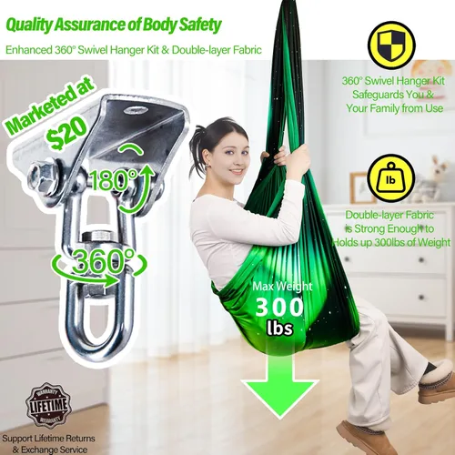 Miniatura 3 de Columpio sensorial para niños y adultos con capacidad para hasta 300 libras en interiores y exteriores, columpio de terapia de abrazo de doble capa