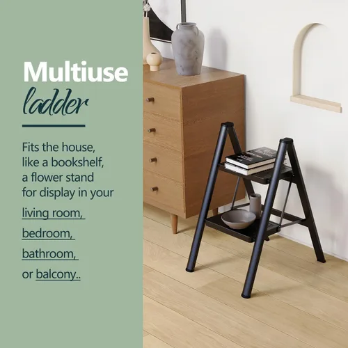 Miniatura 5 de WOA WOA Escalera de 2 escalones, taburete plegable con pedales anchos, taburete portátil para adultos, escaleras de acero resistente para el hogar