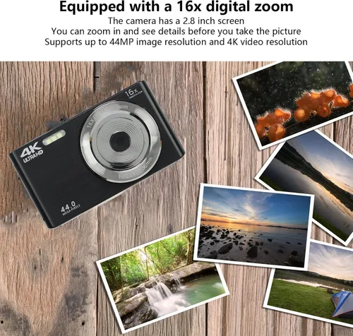 Miniatura 2 de Cámara digital para vlogging, pantalla de 2.8 pulgadas, cámara de zoom digital 16X, cámara de video 4K fotográfica de 44 MP, luz de relleno