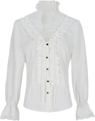 lifpoivake Camisa victoriana renacentista con cuello alto y cordones de manga larga con volantes para mujer