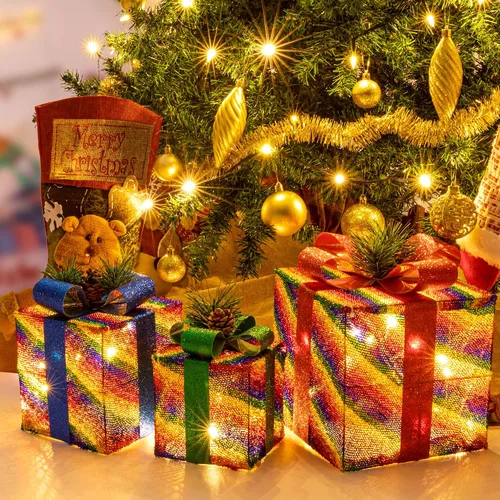 Sunnyglade Juego de 3 cajas de regalo iluminadas de Navidad con enchufe, lazos, hojas de pino artificiales y conos de pino para Navidad, bodas,