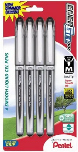 Pentel ENER-GEL NV - Bolígrafo de gel líquido, 0.028 in, punta de metal, tinta negra, paquete de 4 unidades (BL27BP4A)
