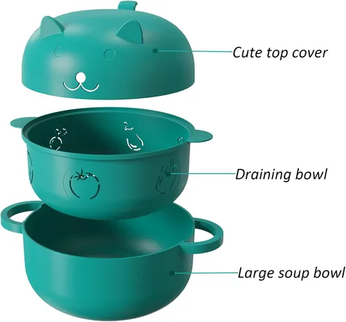 Miniatura 2 de Taza de ramen de 68 onzas para microondas, olla para fideos, vaporera para cocinar alimentos y verduras con colador removible, verde Sin BPA