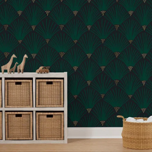Miniatura 7 de Spoonflower Papel tapiz autoadhesivo de 12 x 2 pies, color verde esmeralda oscuro, escala de vieira Art Deco de los años 20, elegante papel tapiz