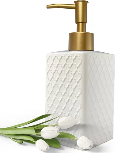 Miniatura 8 de Dispensador de jabón dorado para baño, dispensador de loción cuadrado negro, dispensador de jabón de manos de cerámica recargable para encimera