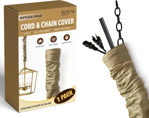 Royal Designs, Inc. CC-11-AGL - Cubierta para cables y cadenas de 1.22 m de longitud, color oro antiguo, de tela tipo seda, con cierre táctil - Uso