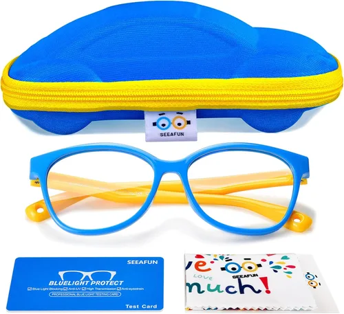 Miniatura 18 de Gafas de luz azul para niños y niñas con bonita funda de automóvil, protección UV400, antirayos azules, edades de 3 a 12 años Azul transparente