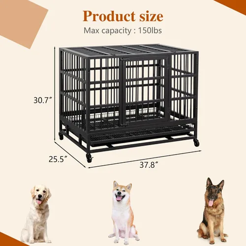 Miniatura 3 de Vongrasig Jaula para perros indestructible resistente de 38 pulgadas, a prueba de escape, con ruedas bloqueables, jaula para perros de doble puerta