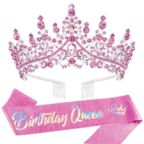 Miniatura 14 de VELSCRUN Coronas de Reina de Cumpleaños para Mujeres y Niñas, Corona de Princesa, Diadema de Cumpleaños, Fajas, Decoraciones para Fiestas, Regalo
