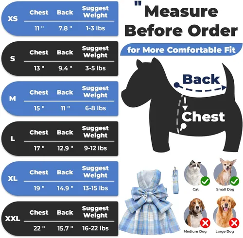 Miniatura 2 de PETCARE Vestido de Perro a Cuadros con Corbata de Moño y Arnés Correa para Perros Pequeños, Gatos, Niñas, Lindos Vestidos de Princesa para Perros