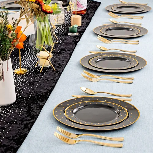 Miniatura 9 de DaYammi 200 platos de plástico dorado y negro con cubiertos, platos desechables negros para fiestas, suministros de oro negro, incluye 40 platos