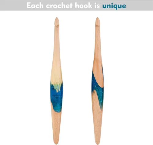 Miniatura 5 de Ommi - Ganchos de ganchillo con mango ergonómico, hechos a mano, 6.7 pulgadas, madera de haya al vapor y resina azul, aguja de tejer, tejido de hilo