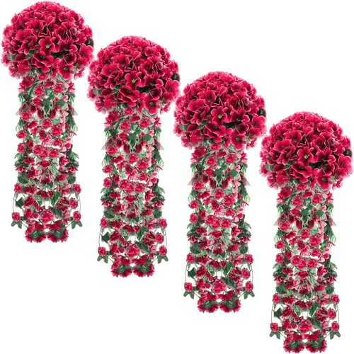 Miniatura 10 de XunYee Paquete de 4 flores artificiales colgantes para exteriores, plantas colgantes falsas de 5 pétalos de seda violeta, plantas de simulación