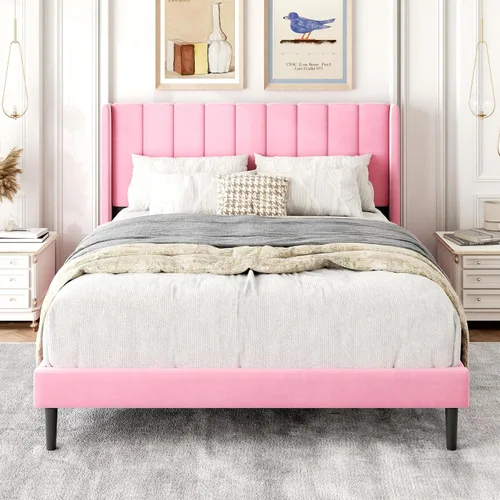Miniatura 32 de Gruwans Estructuras de Cama Individual con Cabecera Wingback, Camas de Plataforma Tapizadas, No Necesita Somier, Soporte Resistente de Listones