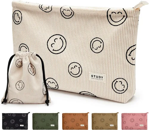 Miniatura 10 de WLLWOO - 2 bolsas de maquillaje de pana con cara sonriente, bolsa de cosméticos con cremallera interior impermeable, estuche para lápices, monedero