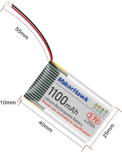 Miniatura 7 de MakerHawk Batería LiPo de 3.7 V 1100 mAh 102540 recargable 1S batería de polímero de litio con placa de protección, cinta de goma aislada, enchufe