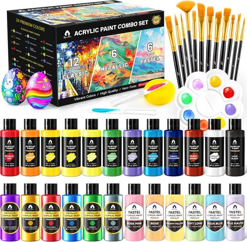 Miniatura 13 de Juego de 40 piezas de pintura acrílica - 24 colores (2 onzas/60ml) con 12 pinceles, 2 cuchillos y paleta - Pigmentos ricos para adultos, artistas