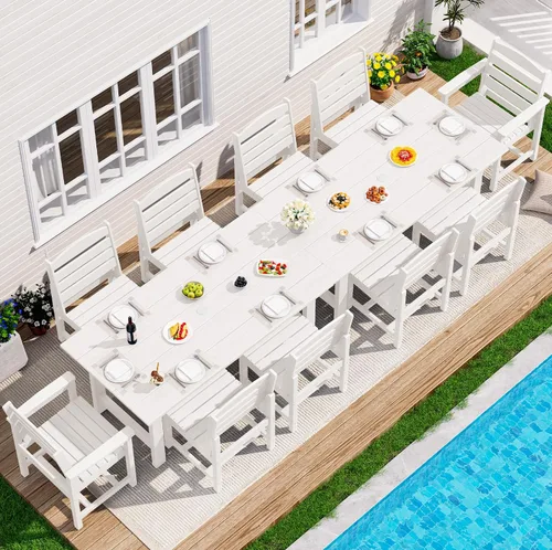 Miniatura 43 de SERWALL Juego de Mesa de Comedor de HDPE para Exteriores, Juego de 7 Piezas de Mesa de Comedor al Aire Libre con Mesa con Corte para Agujero de Gris