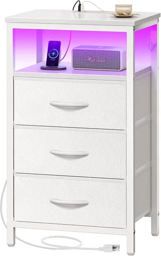 Miniatura 15 de Huuger - Mesita de noche con estación de carga y luces LED, mesita de noche con 2 cajones, mesa auxiliar de cama con estante abierto, mesa auxiliar