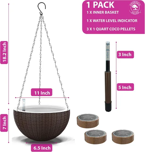 Miniatura 6 de GARDENIX DECOR Maceta colgante de riego automático, 11 pulgadas para interiores, marrón, fibra de coco con indicador de nivel de agua, redonda, 1