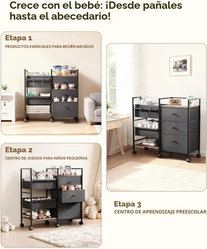 Miniatura 5 de Organizador y almacenamiento 2 en 1 para pañales de bebé, carrito de bebé rodante de 3 niveles con divisores y cajones, esenciales