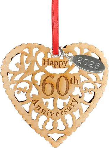 Adorno de 60 aniversario con fecha y fecha para colgar, corazón de madera feliz para parejas, hermoso detalle de madera en forma de corazón,