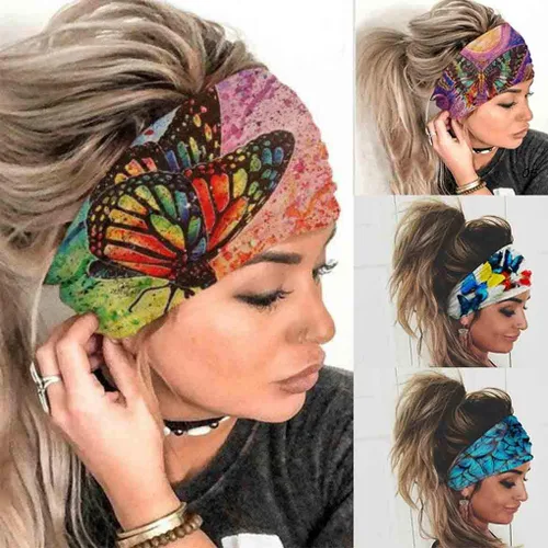 Olbye Diademas anchas bohemias para la cabeza, bandas elásticas con botón de mariposa, bandana, yoga, correr, atlético, turbante, bandas para la