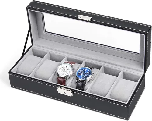 NEX Caja de reloj organizador para hombres, de piel sintética superior de cristal para el almacenamiento de relojes