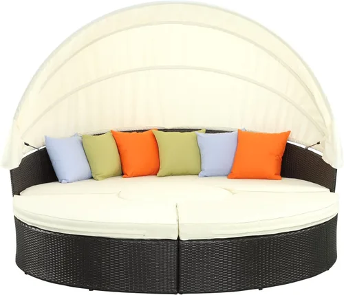 Miniatura 3 de LexMod sillón circular de mimbre para patio con dosel, marrón café., Moderno, Espresso Blanco