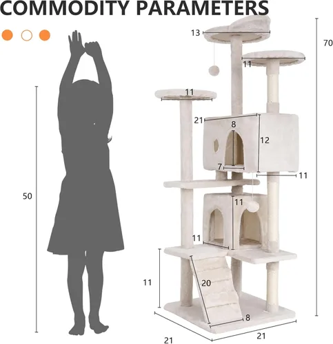 Miniatura 6 de Árbol para gatos resistente con torre de 70 pulgadas de alto, 3 perchas y 2 condominios acogedores, poste de sisal y escaleras para gatos grandes