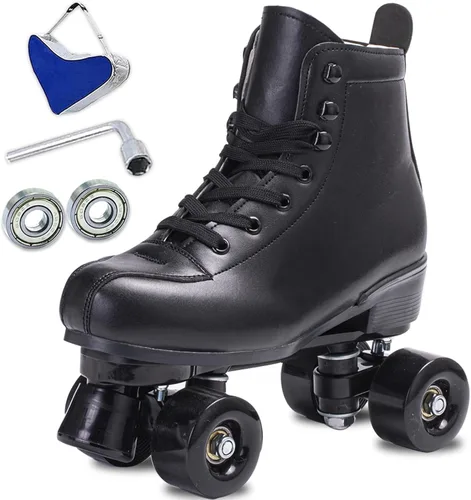 Miniatura 9 de Patines para mujer y hombre de caña alta en negro, de cuero sintético clásico, patines de doble fila ajustables para interiores y exteriores