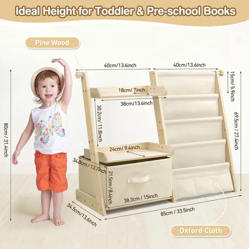 Miniatura 3 de Estantería infantil y organizador de juguetes 2 en 1, estante para libros para habitaciones de niños con cubo de juguetes móvil, estante de 4 Beige