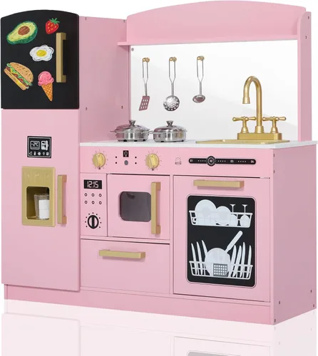 TODEFULL Juego de cocina de simulación para niños, juego interactivo de madera con diseño realista, fregadero, microondas, máquina de hielo, Rosa