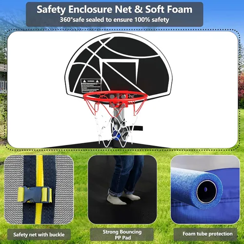 Miniatura 3 de Lyromix Trampolín mejorado de 8 pies/10 pies/12 pies/14 pies con aro de baloncesto, luz, aspersor, estacas – patio trasero al aire libre para 4-6