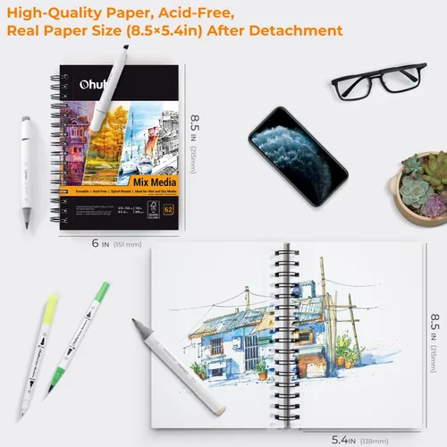 Miniatura 2 de Ohuhu Mix Media Pad, cuaderno de bocetos de arte mixto de 8.5 x 6 pulgadas, papel pesado de 120 lb/200 g/m², 62 hojas/124 páginas, cuaderno de papel