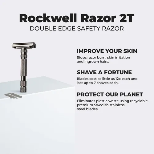 Miniatura 3 de Rockwell T2 Maquinilla de afeitar de seguridad de doble filo giratorio para abrir (TTO) Full Metal Incluye 5 cuchillas de acero inoxidable