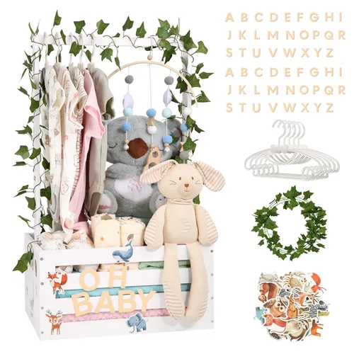 Miniatura 13 de Cesta de regalo para baby shower, caja de madera, letras de madera personalizadas y perchas para ropa recién nacido, regalos para bebés, niñas