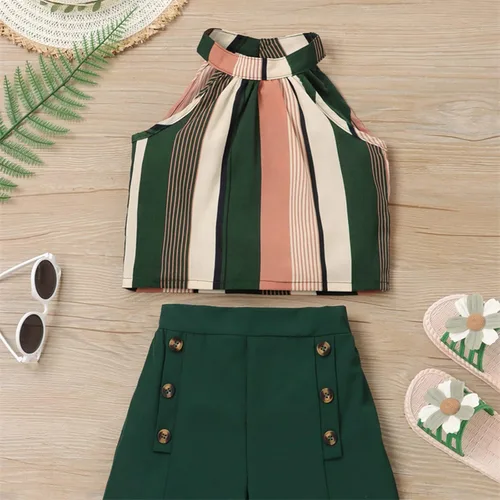 Miniatura 4 de Conjunto de pantalones cortos sin mangas a rayas coloridas para niñas y niñas pequeñas