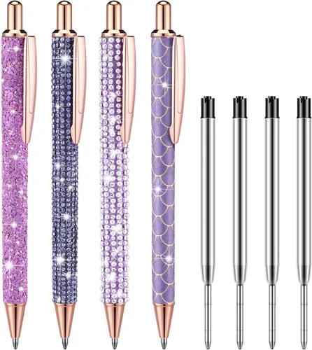 Miniatura 13 de Ireer 4 bolígrafos brillantes de diamantes de imitación para mujer, bolígrafo de tinta de metal con purpurina de cristal con 4 recambios de 0.039