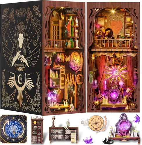 Kit de Rincón de Libros DIY, Rompecabezas de Madera 3D Booknook, Estantería en Miniatura, Casa de Muñecas, Prueba de Adivinación de Tarot, con Luz