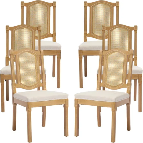 Miniatura 63 de Juego de 2 sillas de comedor de campo francés, sillas de comedor de madera de granja beige, silla de comedor con respaldo tejido con cojín tapizado