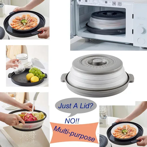 Miniatura 5 de Cubierta de salpicaduras para microondas con base antiquemaduras, ventilada para evitar quemaduras, tapa de protección plegable, colador de frutas