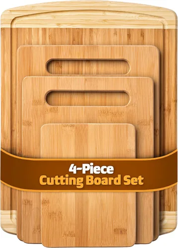 Juego de 4 tablas de cortar de bambú, tablas de cortar de madera para cocina con ranura para jugo, bloque de carnicero grande, tabla de queso y