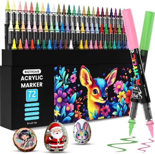BIGTHUMB Marcadores de pintura acrílica de 72 colores, punta de pincel, control automático de tinta para pintura de roca, cerámica, madera,