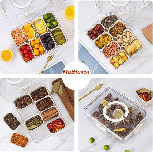 Miniatura 5 de Dingerjar Bandeja dividida para servir con tapa y asa, contenedor de charcutería para aperitivos portátiles, organizador transparente para dulces